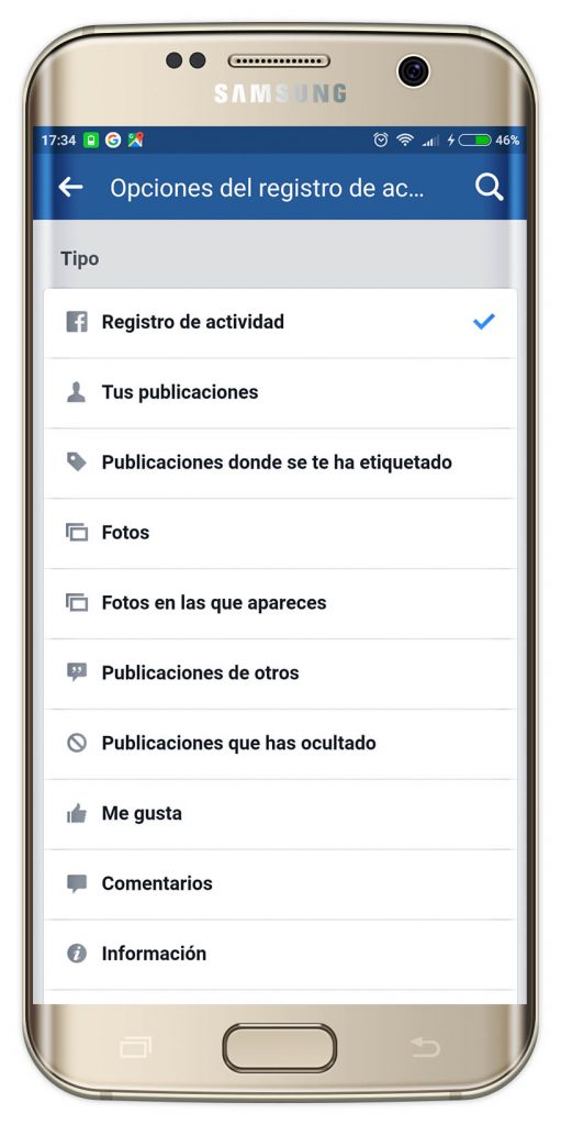 registro de actividad de Facebook