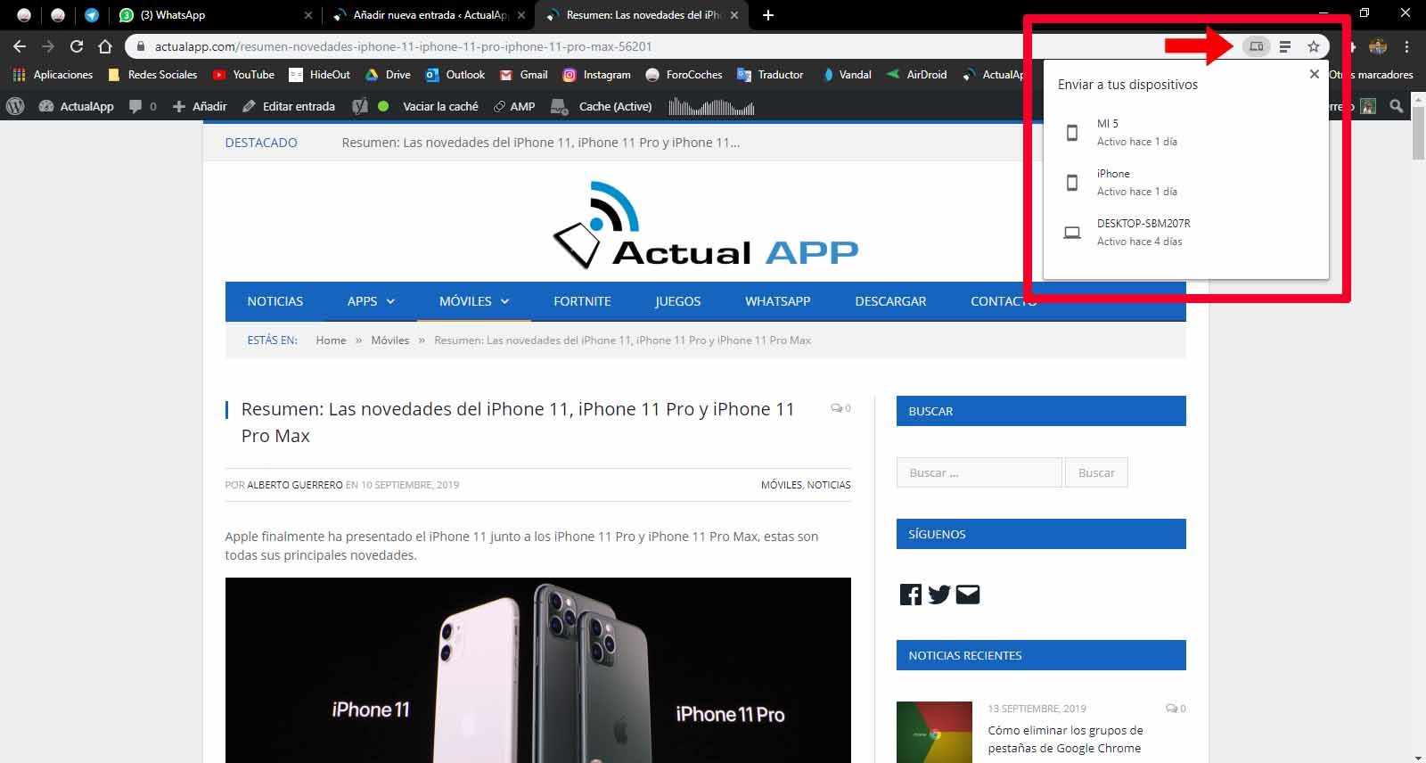 web de ordenador a móvil google chrome