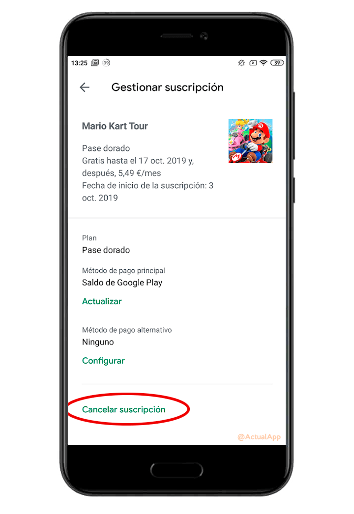 dar de baja suscripción del Google Play