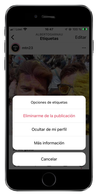 eliminar etiqueta foto instagram